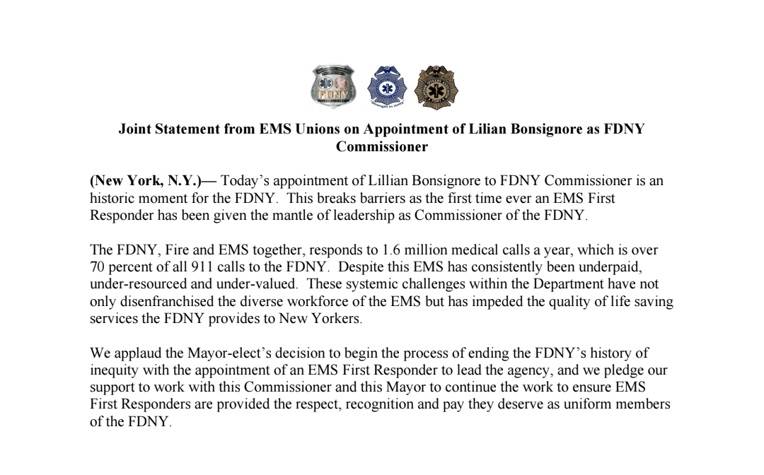 Joint Statement from EMS Unions on Appointment of Lilian Bonsignore as ...